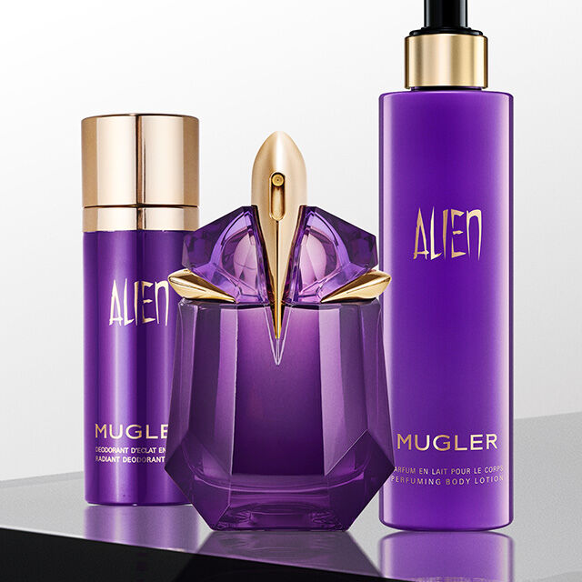 une brume, un parfum et un lait pour le corps violet mugler