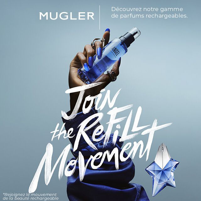 un bras tenant un flacon recharge angel eau de parfum mugler