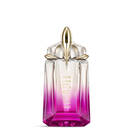 Mugler Alien Pulp Eau de Parfum, clear glass bottle with a vibrant pink-to-clear gradient, gold cap, standing upright.