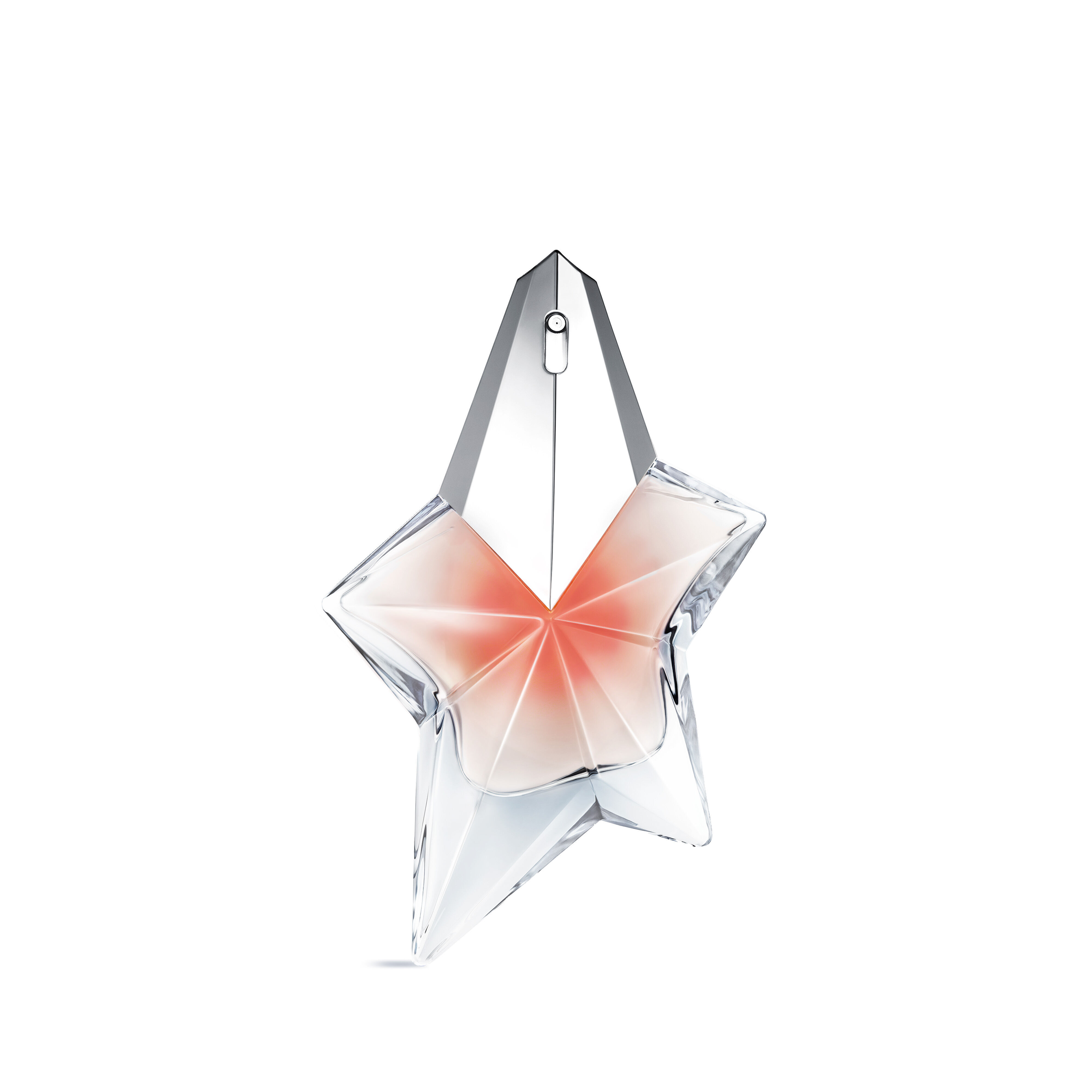 The Mugler Angel Blush star bottle 50 ml, featuring a nude heart and a shimmering silver cap, isolated on a white background.