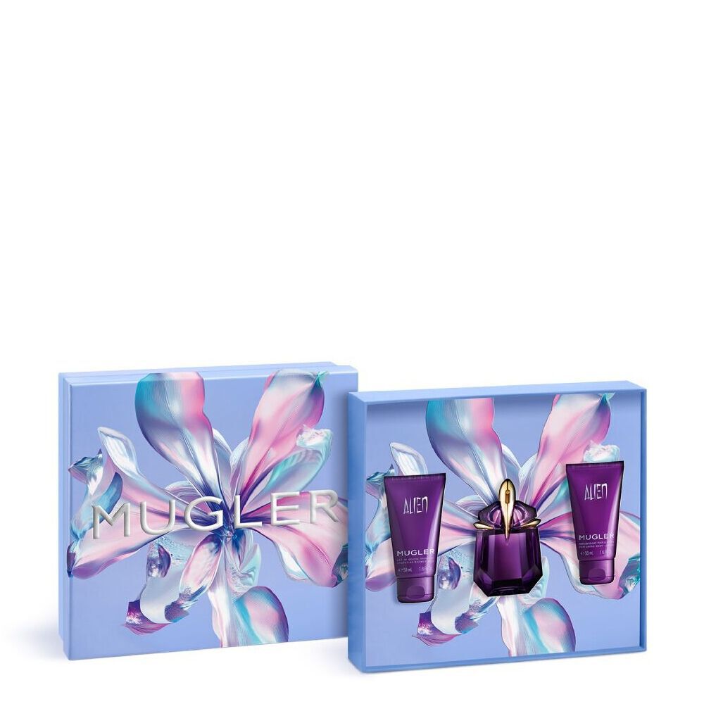 Coffret cadeau Mugler Alien Eau de Parfum pour la fete des meres 2026, comprenant un flacon de talisman rechargeable de 30 ml avec une lotion corporelle assortie, et un gel douche dans une boite cadeau violette de luxe.