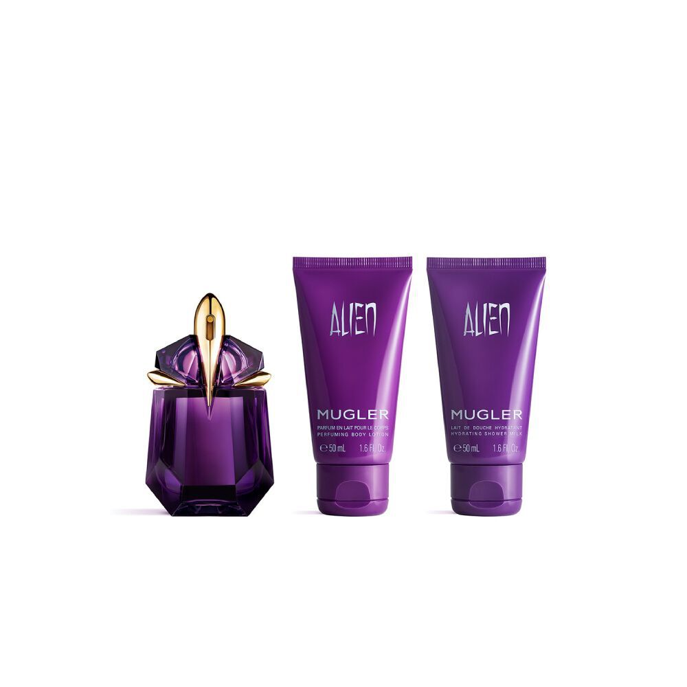 Le coffret rituel Mugler Alien Eau de Parfum comprenant la bouteille emblematique de talisman violette de 60 ml, une lotion corporelle assortie et un gel douche.