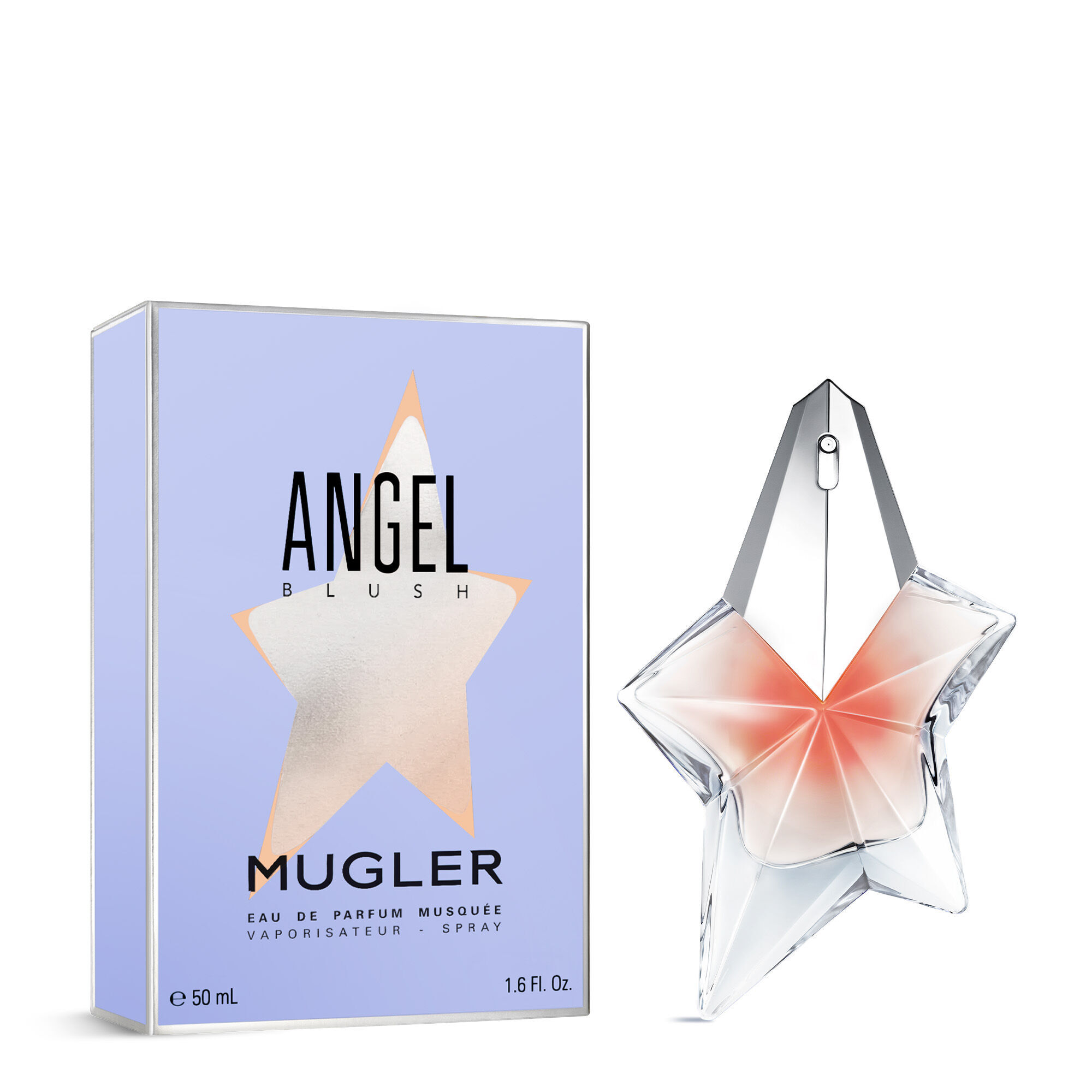 La bouteille Mugler Angel Blush etoile de 50 ml, avec un coeur nu et un bouchon argente scintillant, a cote de la boite Angel Blush sur fond blanc.