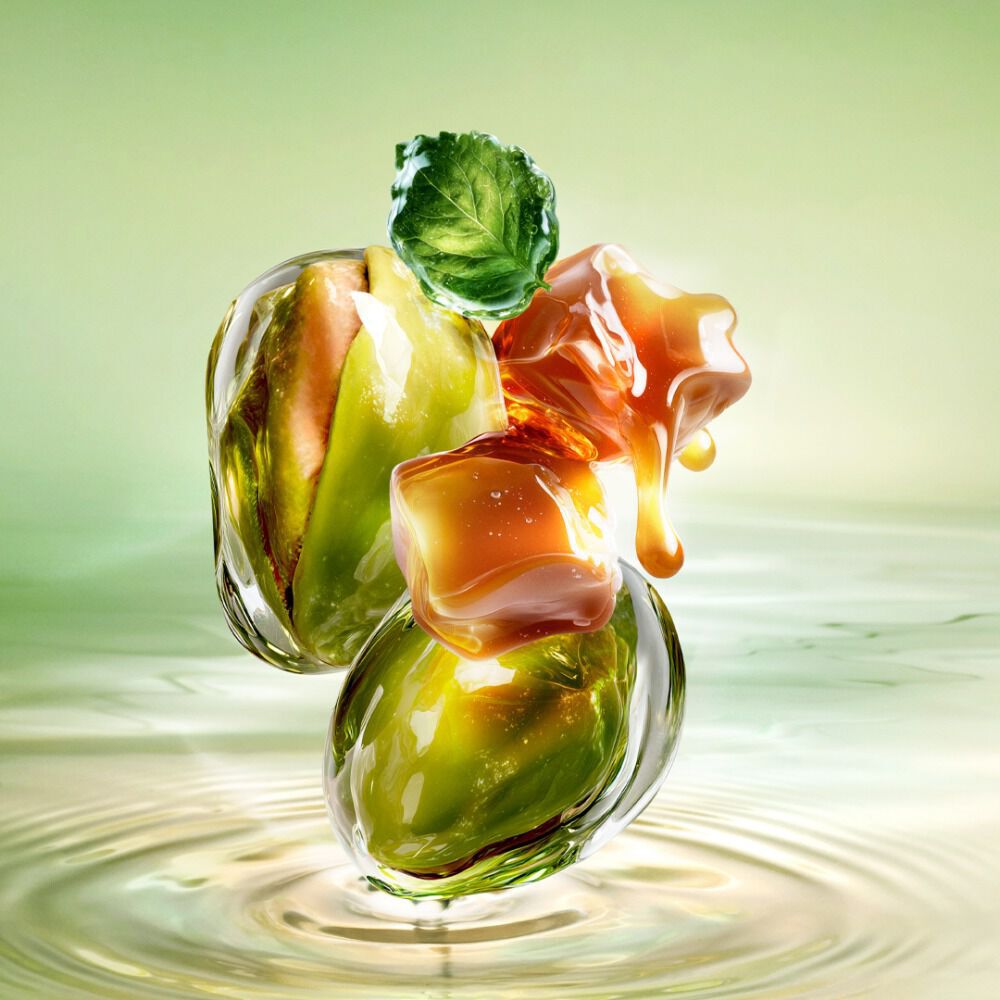 Nouvelle Starlicious Pistachio Praline image de nature morte montrant la fine bouteille entouree de ses ingredients cles : une feuille de patchouli, des pistaches entieres et des cubes de caramel degoulinants, le tout sur un fond d’eau vert lumineux ondulant.