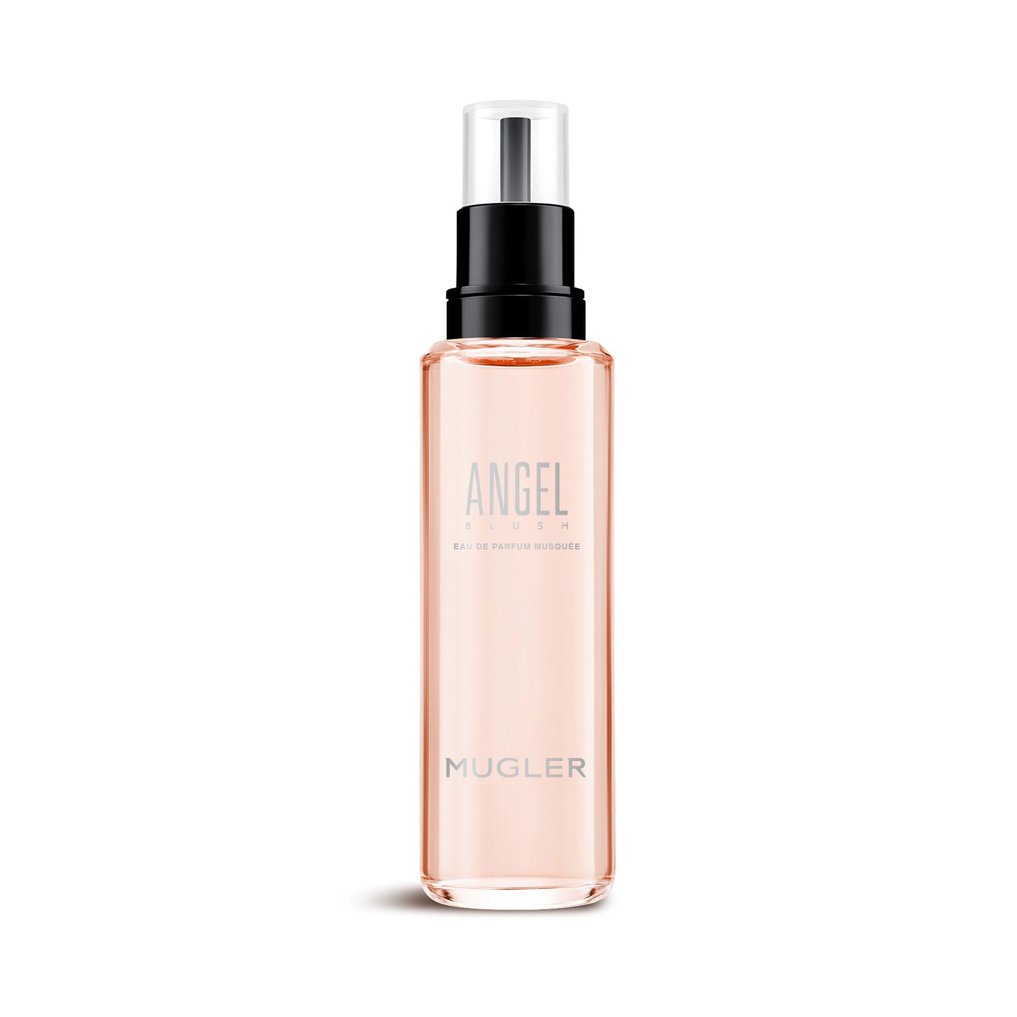 Flacon recharge Mugler Angel Blush Eau de Parfum contenant un liquide parfume aux tons nude, isole sur blanc.