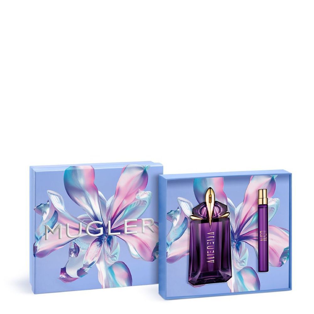 Coffret cadeau Mugler Alien Pulp Eau de Parfum pour la fete des meres 2026, comprenant un flacon de talisman rechargeable de 30 ml et un spray de voyage rechargeable de 10 ml dans une boite cadeau violette de luxe.