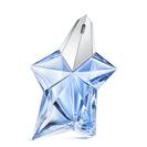 Blue star-shaped Angel Mugler perfume bottle with silver cap on a light gray background