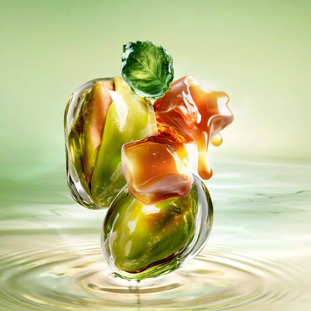 Nouvelle Starlicious Pistachio Praline image de nature morte montrant la fine bouteille entouree de ses ingredients cles : une feuille de patchouli, des pistaches entieres et des cubes de caramel degoulinants, le tout sur un fond d’eau vert lumineux ondulant.