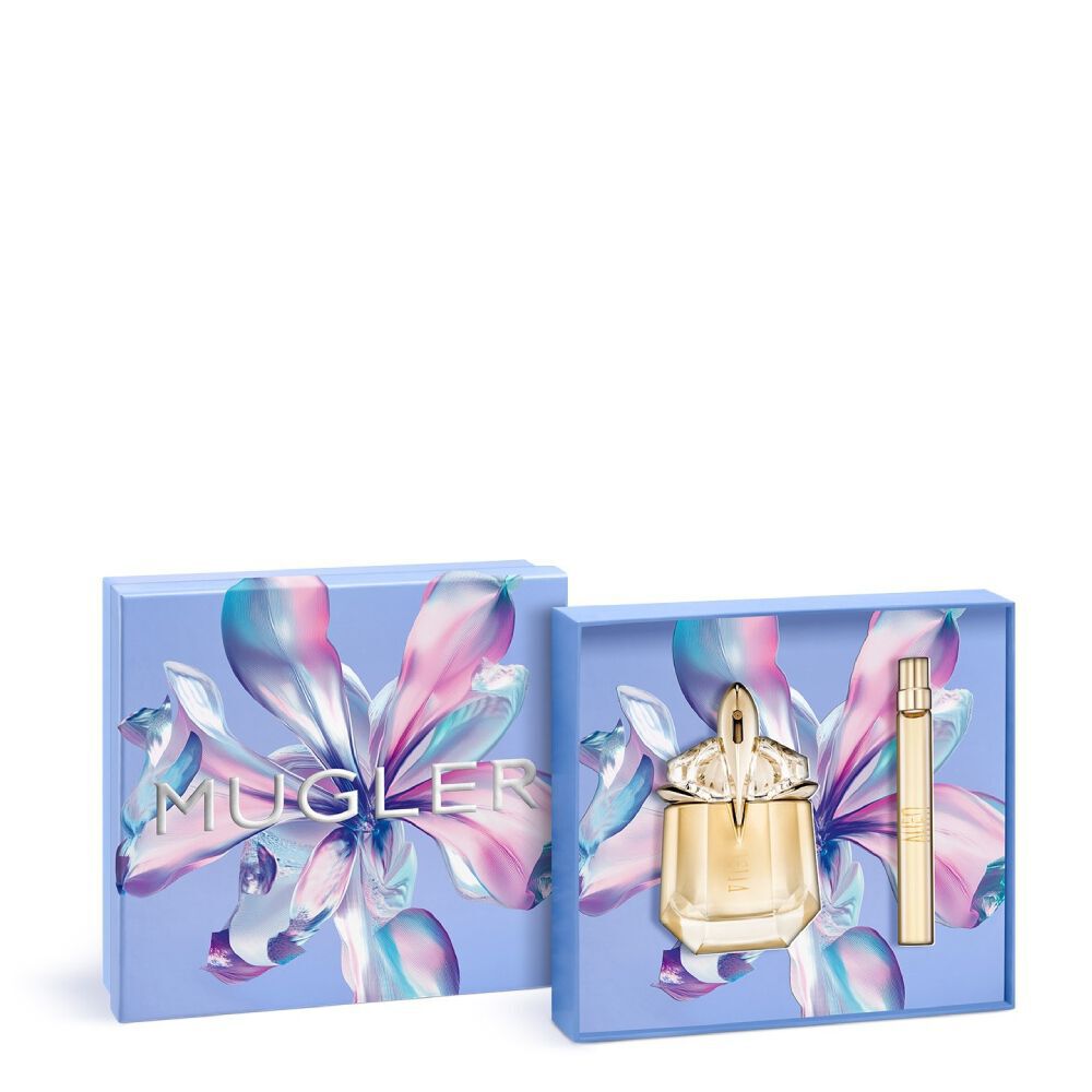 Un coffret cadeau Eau de Parfum Mugler Alien Goddess pour la fete des meres 2026, comprenant un flacon talisman rechargeable de 30 ml et un spray de voyage rechargeable de 10 ml dans une boite cadeau violette de luxe.