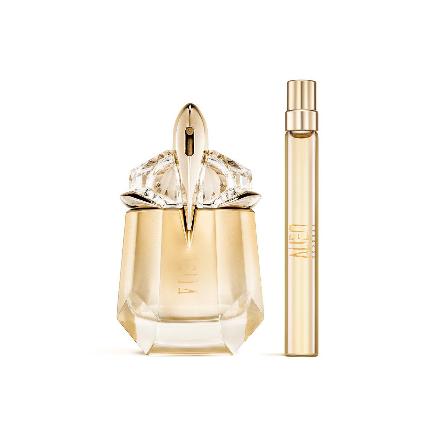 Ensemble cadeau Eau de Parfum Mugler Alien Goddess pour la fete des meres 2026, comprenant un flacon de talisman rechargeable de 30 ml et un spray de voyage rechargeable de 10 ml