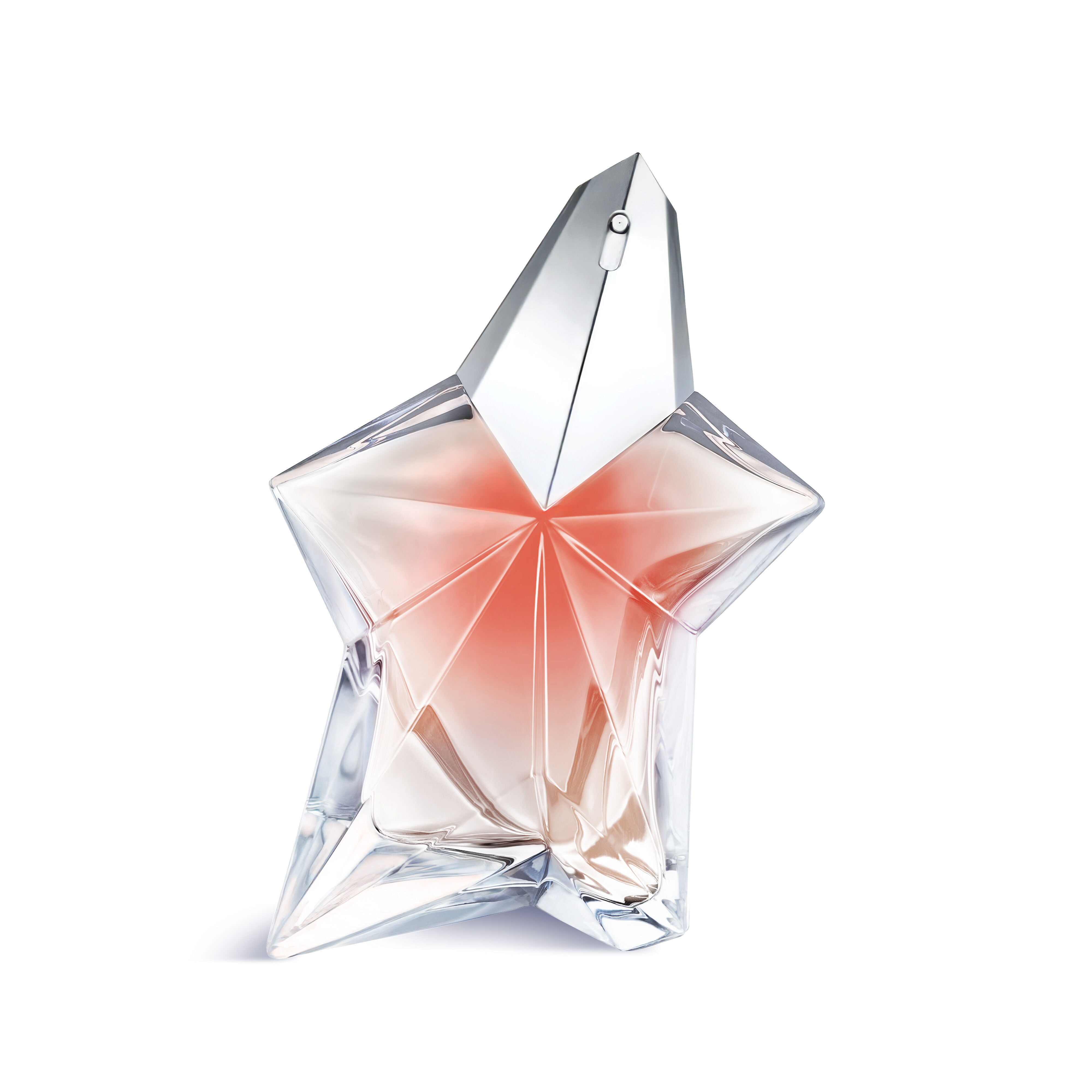The Mugler Angel Blush star bottle 100 ml, featuring a nude heart and a shimmering silver cap, isolated on a white background.