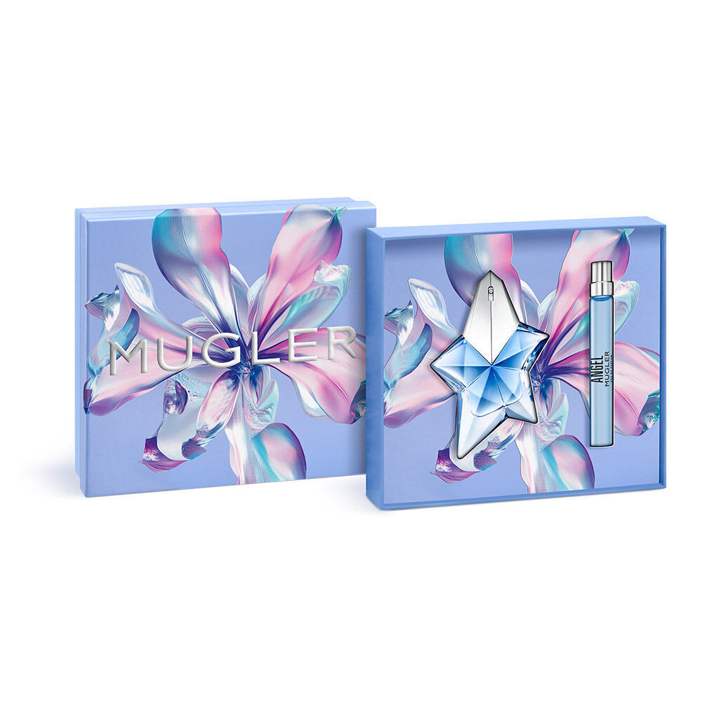 Coffret cadeau Mugler Angel Eau de Parfum pour la fete des meres 2026, comprenant un flacon de talisman rechargeable de 50 ml et un spray de voyage rechargeable de 10 ml dans une boite cadeau violette de luxe.