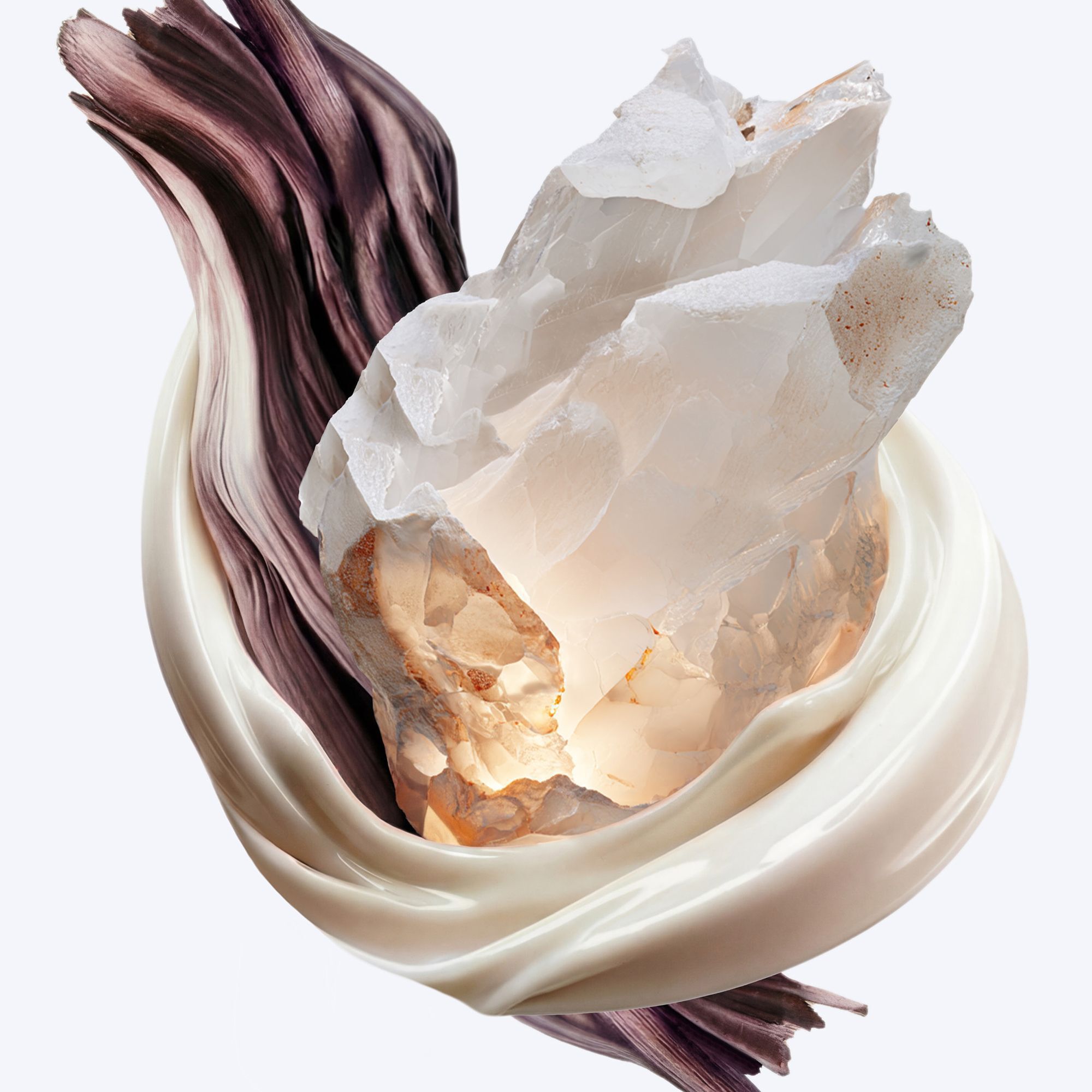 Composition artistique des ingredients cles d’Angel Blush : tourbillons cremeux de lait d’amande, bois de santal texture et un musc lumineux.
