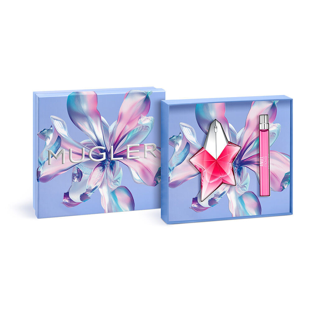 Un coffret cadeau Mugler Angel Nova Eau de Parfum pour la fete des meres 2026, comprenant une bouteille de talisman rechargeable de 60 ml et une recharge de 10 ml dans une boite cadeau violette de luxe.