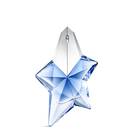 Blue star-shaped Angel Mugler perfume bottle with silver cap on a light gray background