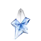 Blue star-shaped Angel Mugler perfume bottle with silver cap on a light gray background