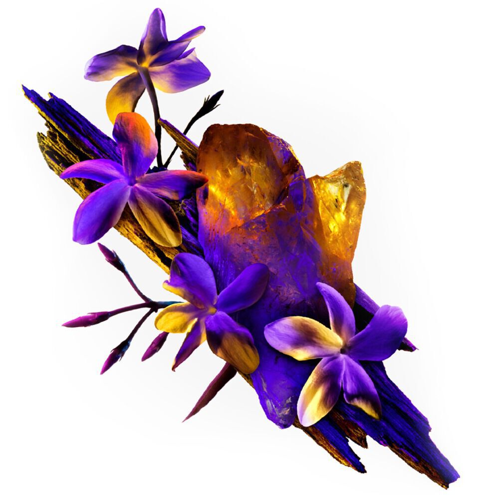 Une composition surrealiste de fleurs de jasmin d’un violet profond et d’ambre lumineux, illustrant les mysterieuses notes olfactives solaires de Mugler Alien.
