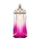 Mugler Alien Pulp Eau de Parfum, clear glass bottle with a vibrant pink-to-clear gradient, gold cap, standing upright.
