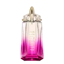 Mugler Alien Pulp Eau de Parfum, clear glass bottle with a vibrant pink-to-clear gradient, gold cap, standing upright.