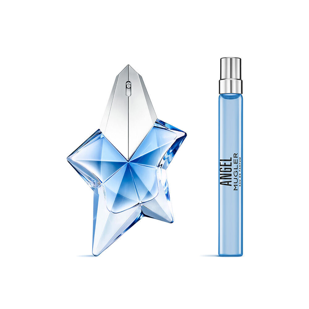 Le coffret cadeau Mugler Angel Eau de Parfum comprenant la bouteille bleue rechargeable emblematique de 50 ml et un spray de voyage de 10 ml assorti pour la fete des meres 2026.