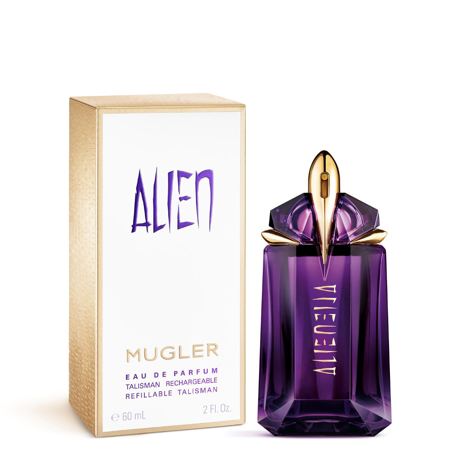 Mugler Alien perfume box beside purple refillable perfume bottle