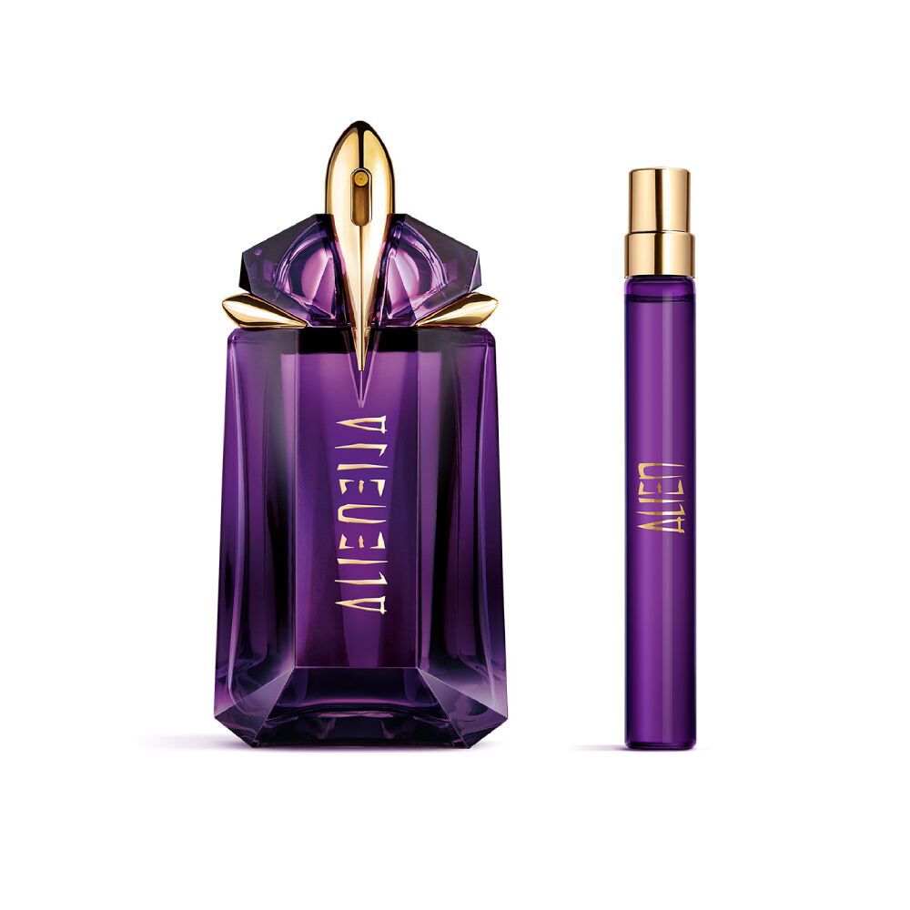 Coffret cadeau Mugler Alien Pulp Eau de Parfum pour la fete des meres 2026, comprenant une bouteille de talisman rechargeable de 30 ml et un spray de voyage rechargeable de 10 ml.