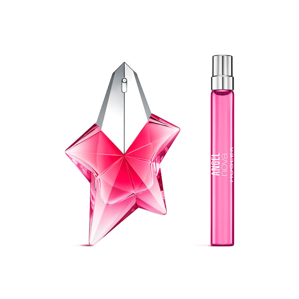Un coffret cadeau Mugler Angel Nova Eau de Parfum pour la fete des meres 2026, comprenant un flacon talisman rechargeable de 60 ml et une recharge de 10 ml.