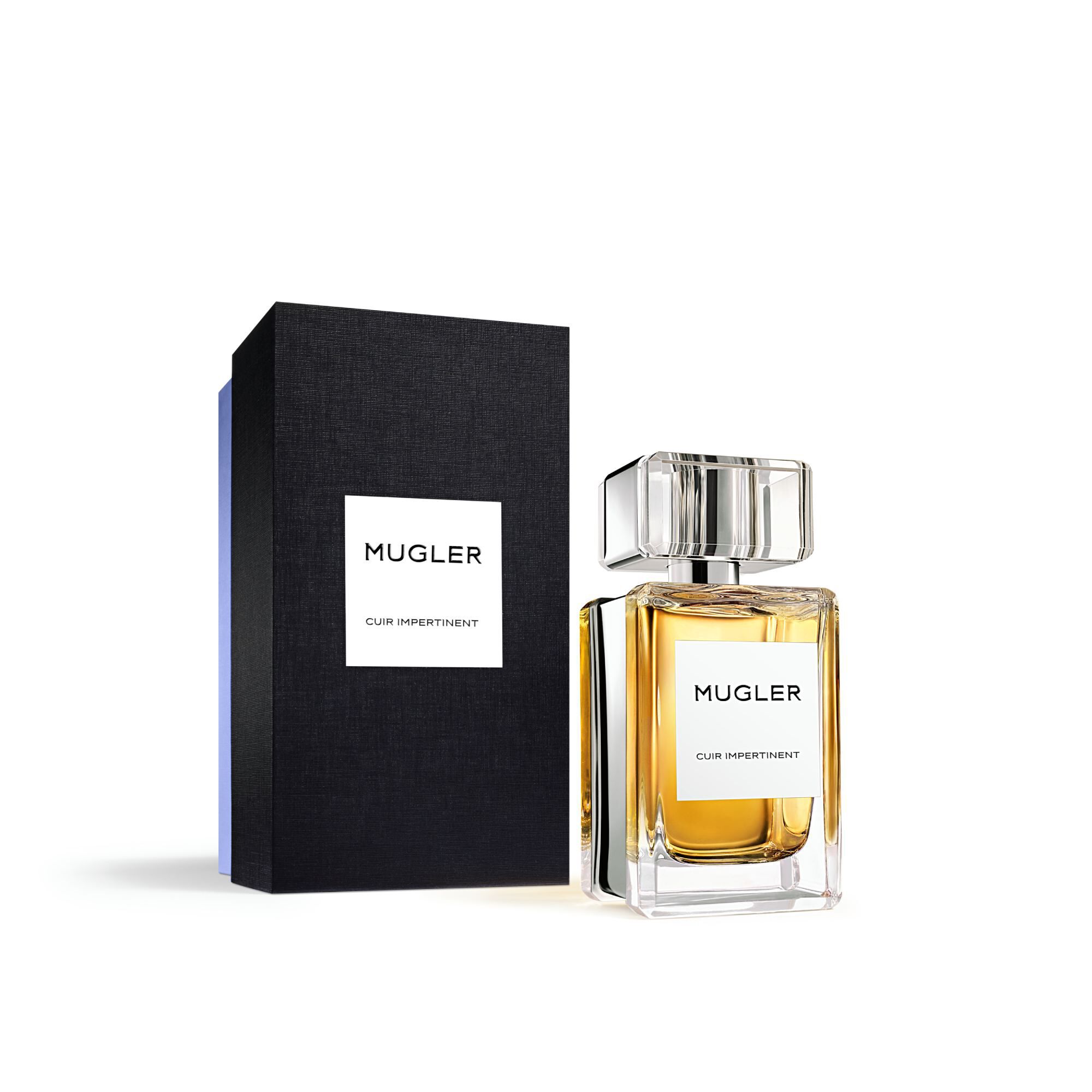 Image of Mugler - Cuir Impertinent - Eau de Parfum - Ambery Aromatic Scentwith outer box placed adjacent to it