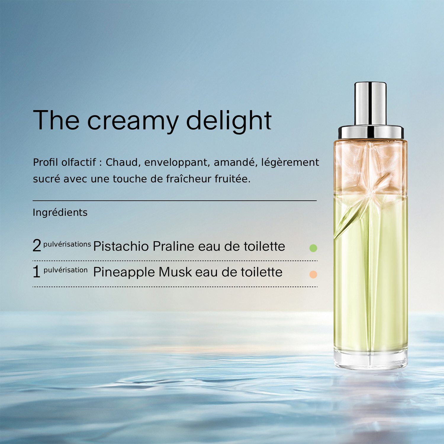 The creamy delight starlicious recette de superposition. La recette demande 2 pulverisations de Pistachio Praline et 1 de Pineapple Musk.