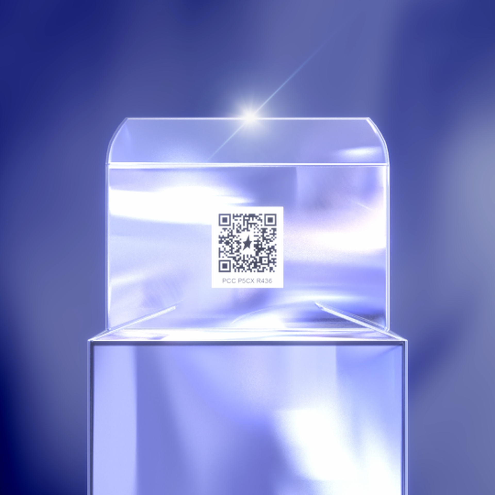 Une boite transparente avec un code QR sur un fond bleu lumineux.