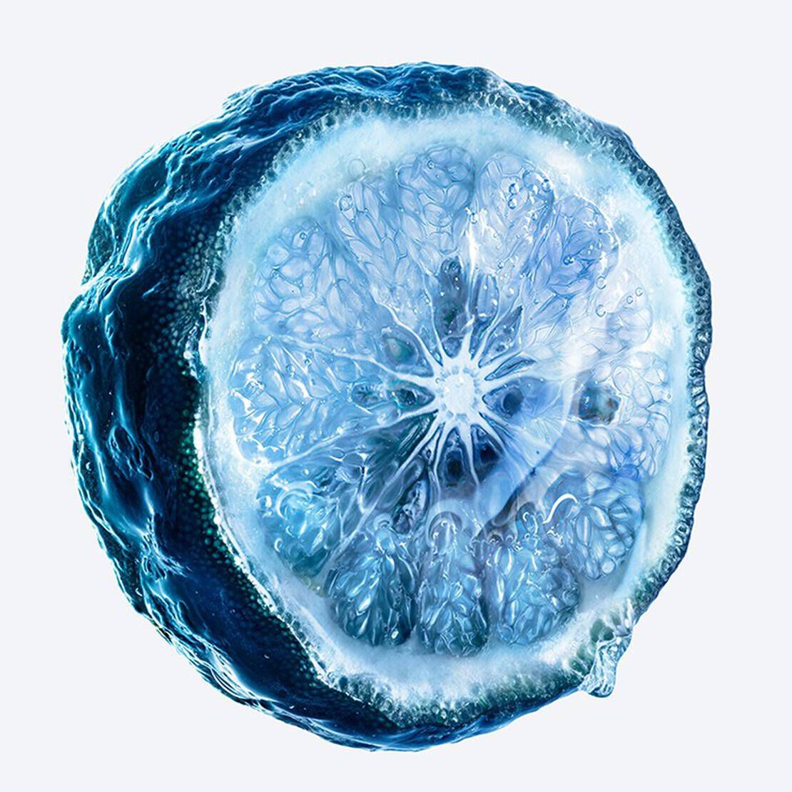 A translucent blue ice cube with small bubbles and a glossy surface resting on a white background.