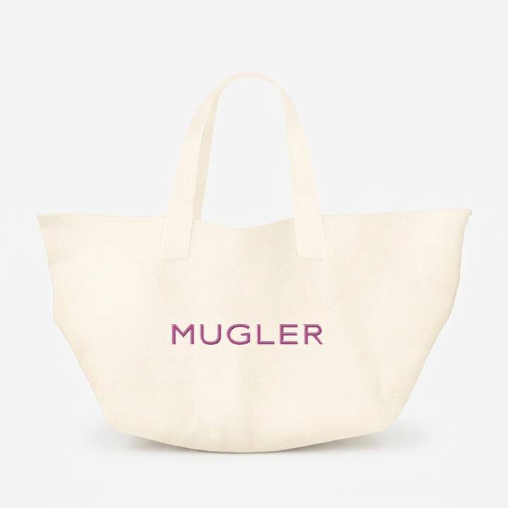 un tote bag beige avec ecrit mugler en rose sur un fond clair