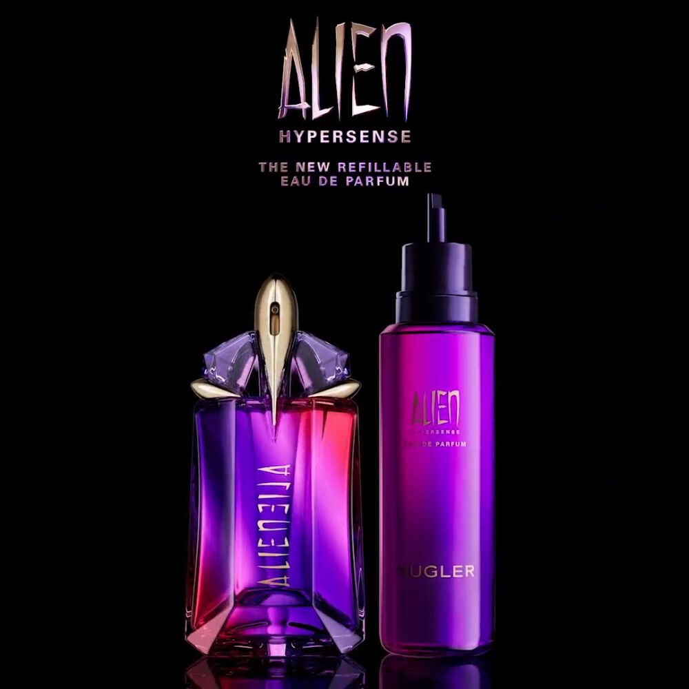 Une image montrant le parfum Alien Hypersense de Mugler, avec un flacon elegant aux couleurs violettes et dorees, accompagne d'un flacon de recharge.