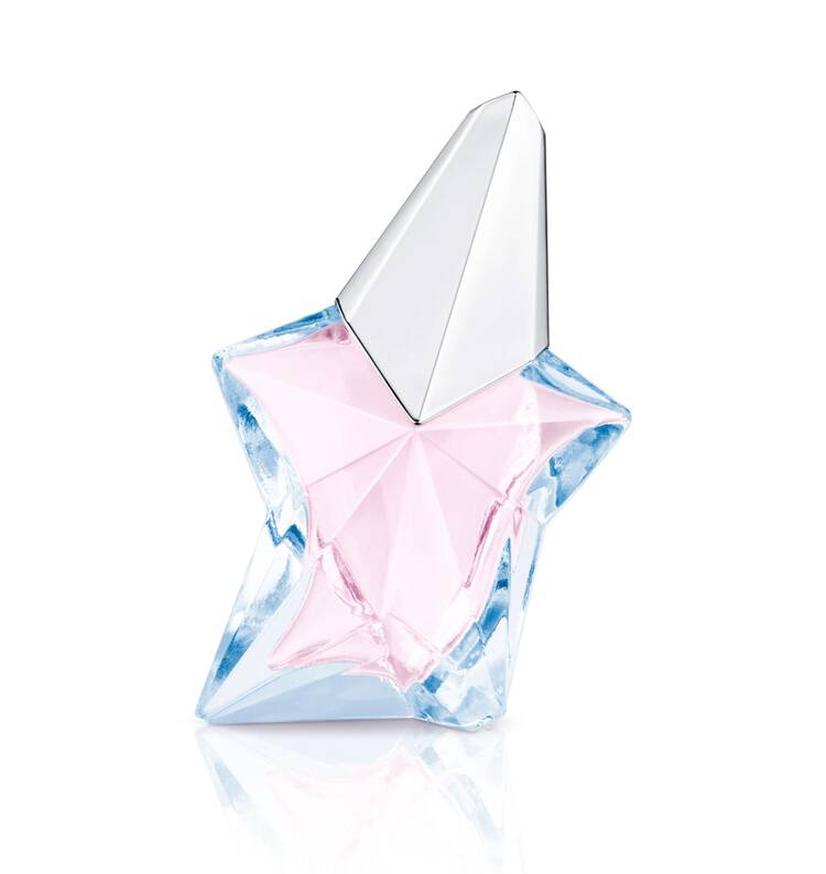 Flacon de parfum en forme d'etoile, avec une partie en verre transparent et une teinte rose a l'interieur.