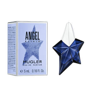 Flacon de parfum Mugler Angel Elixir de 5 mL, en forme d'etoile, avec une boite decorative.