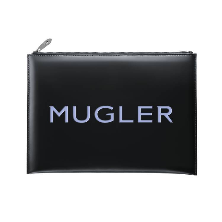 Une trousse noire avec le logo "MUGLER" en lettres claires.