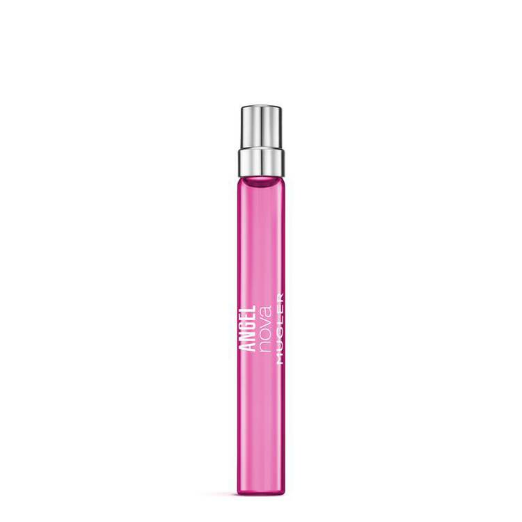 Flacon de parfum rose d'Angel Nova avec un vaporisateur argente.