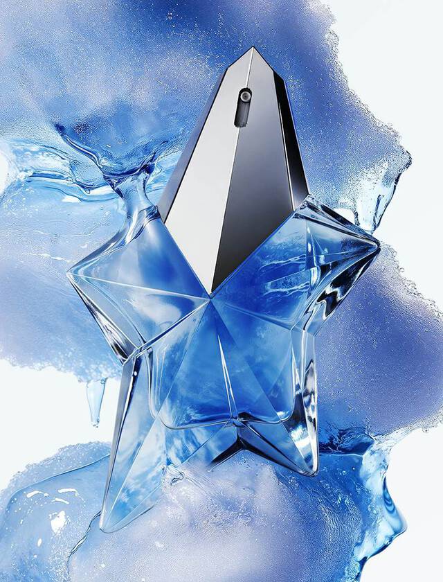 A stylized perfume bottle shaped like a star, surrounded by abstract elements that resemble flowing hair and ice, against a bright white background.