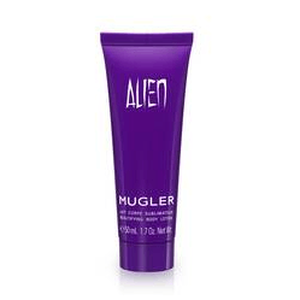 Creme corporelle illuminatrice de Mugler, tube violet avec le mot "ALIEN" en lettres blanches.