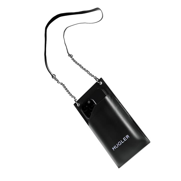 Un sac noir Mugler avec une sangle, concu pour contenir un telephone portable.