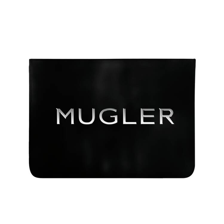 Une pochette noire avec le logo "MUGLER" en lettres argentees.
