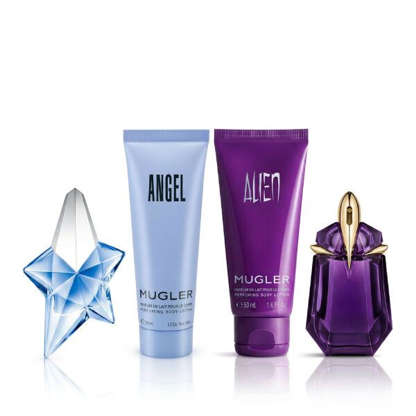 deux flacons de lait pour le corps bleu et violet mugler et deux flacons de parfums violet et bleu