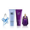 deux flacons de lait pour le corps bleu et violet mugler et deux flacons de parfums violet et bleu