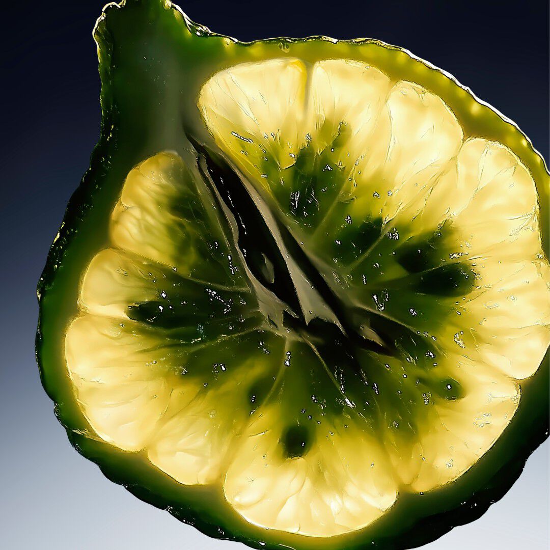 zoom sur une bergamote verte et jaune