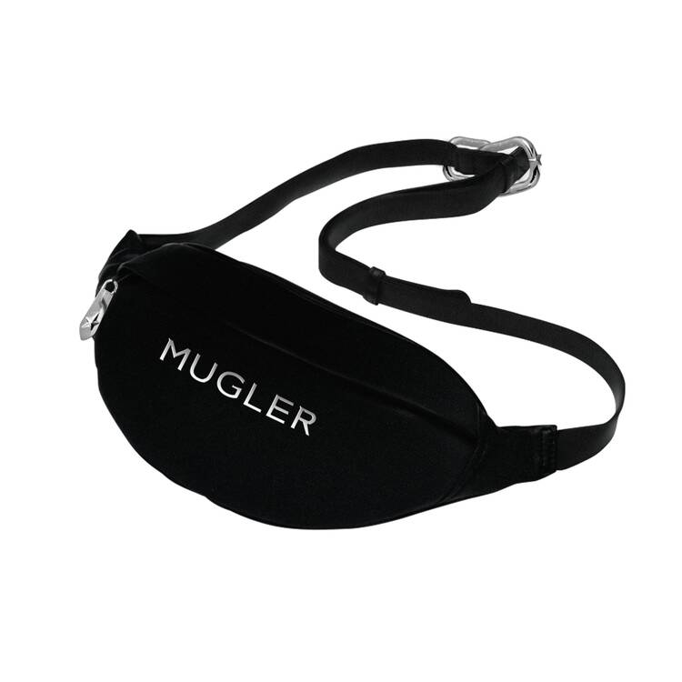 Ceinture noire avec le logo "MUGLER" en blanc.