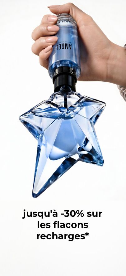 un flacon de parfum en forme d'etoile bleu avec une main qui tient un flacon recharge.