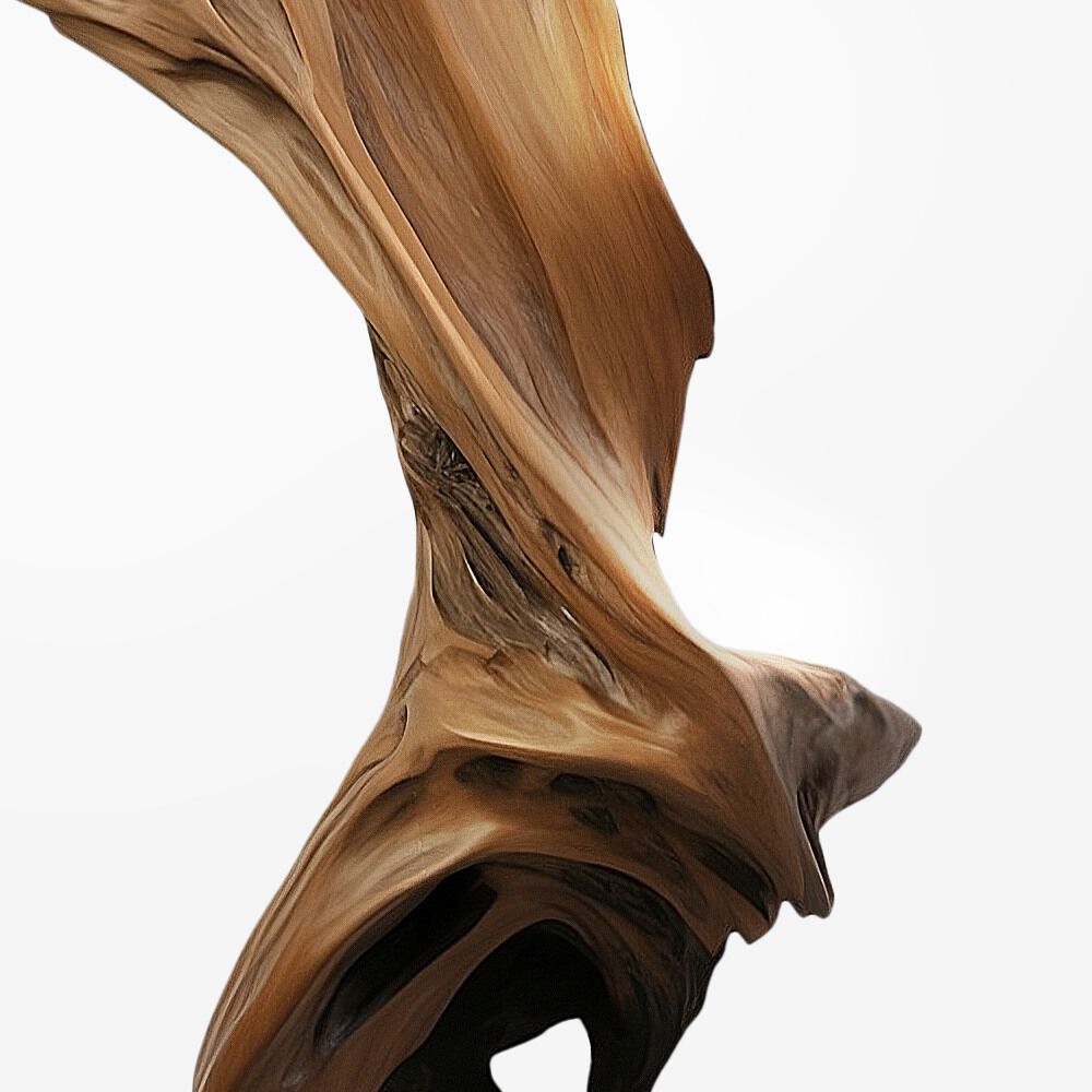 Une sculpture en bois aux formes fluides et tourbillonnantes, presentant des nuances de brun.