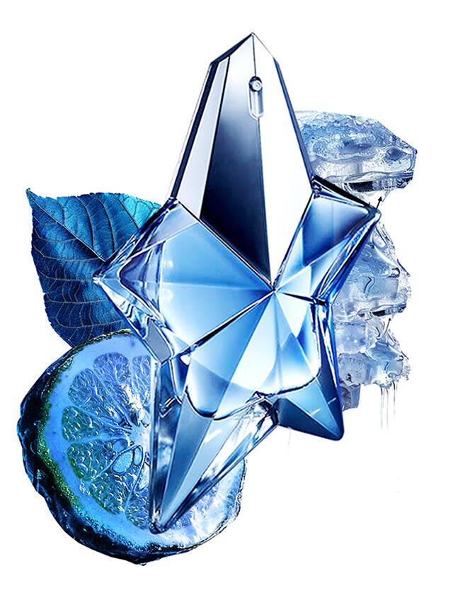 A stylized perfume bottle shaped like a star, surrounded by abstract elements that resemble flowing hair and ice, against a bright white background.