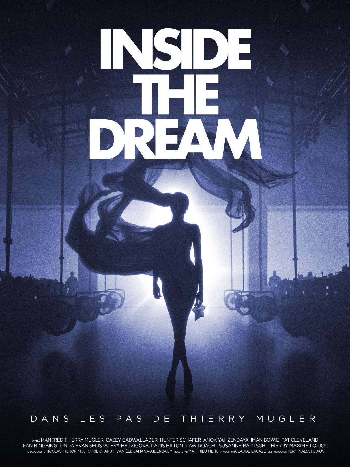 Alt text: Affiche du film "Inside the Dream" presentant une silhouette feminine devant un public illumine, avec des elements de stylisme en lien avec Thierry Mugler.
