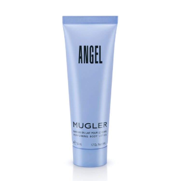 Tube de lotion corporelle parfumee "Angel" de Mugler, couleur bleue avec inscription noire.